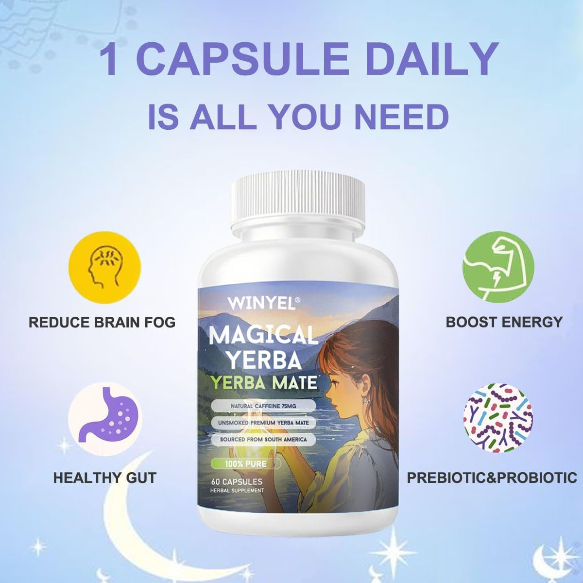 WINYEL Yerba Mate Capsules  75mg Natural Caffeine Per Capsule  Natural Plant-Based Energy &amp; Focus Support  Supports Mental Clarity &amp; Digestive Wellness Gut Health  60 Capsules