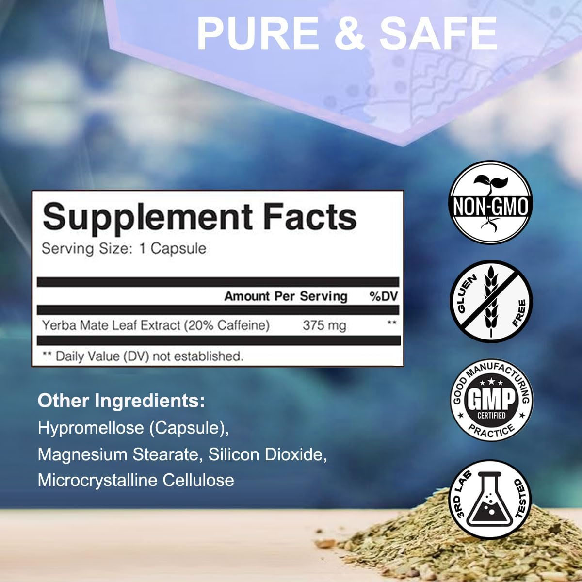 WINYEL Yerba Mate Capsules  75mg Natural Caffeine Per Capsule  Natural Plant-Based Energy &amp; Focus Support  Supports Mental Clarity &amp; Digestive Wellness Gut Health  60 Capsules