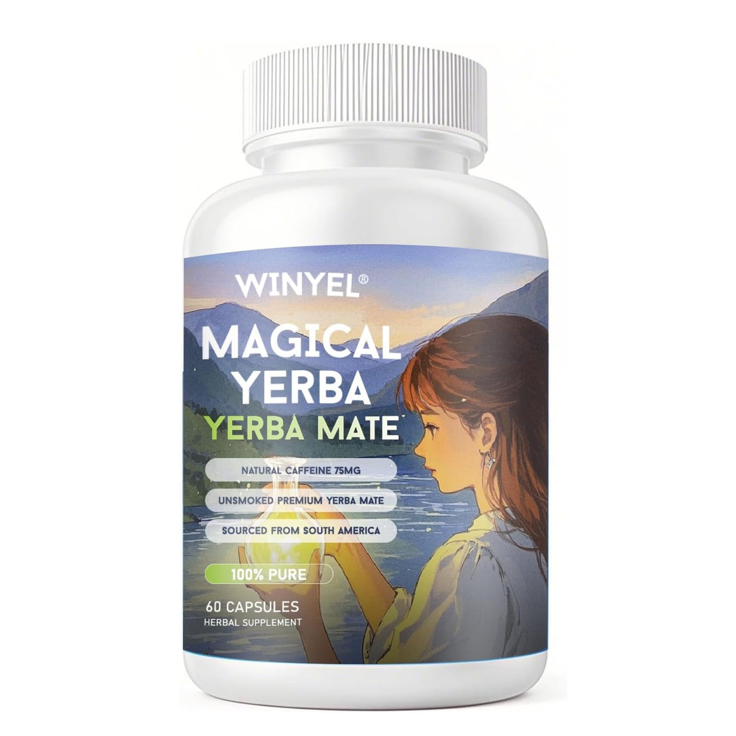 WINYEL Yerba Mate Capsules  75mg Natural Caffeine Per Capsule  Natural Plant-Based Energy &amp; Focus Support  Supports Mental Clarity &amp; Digestive Wellness Gut Health  60 Capsules