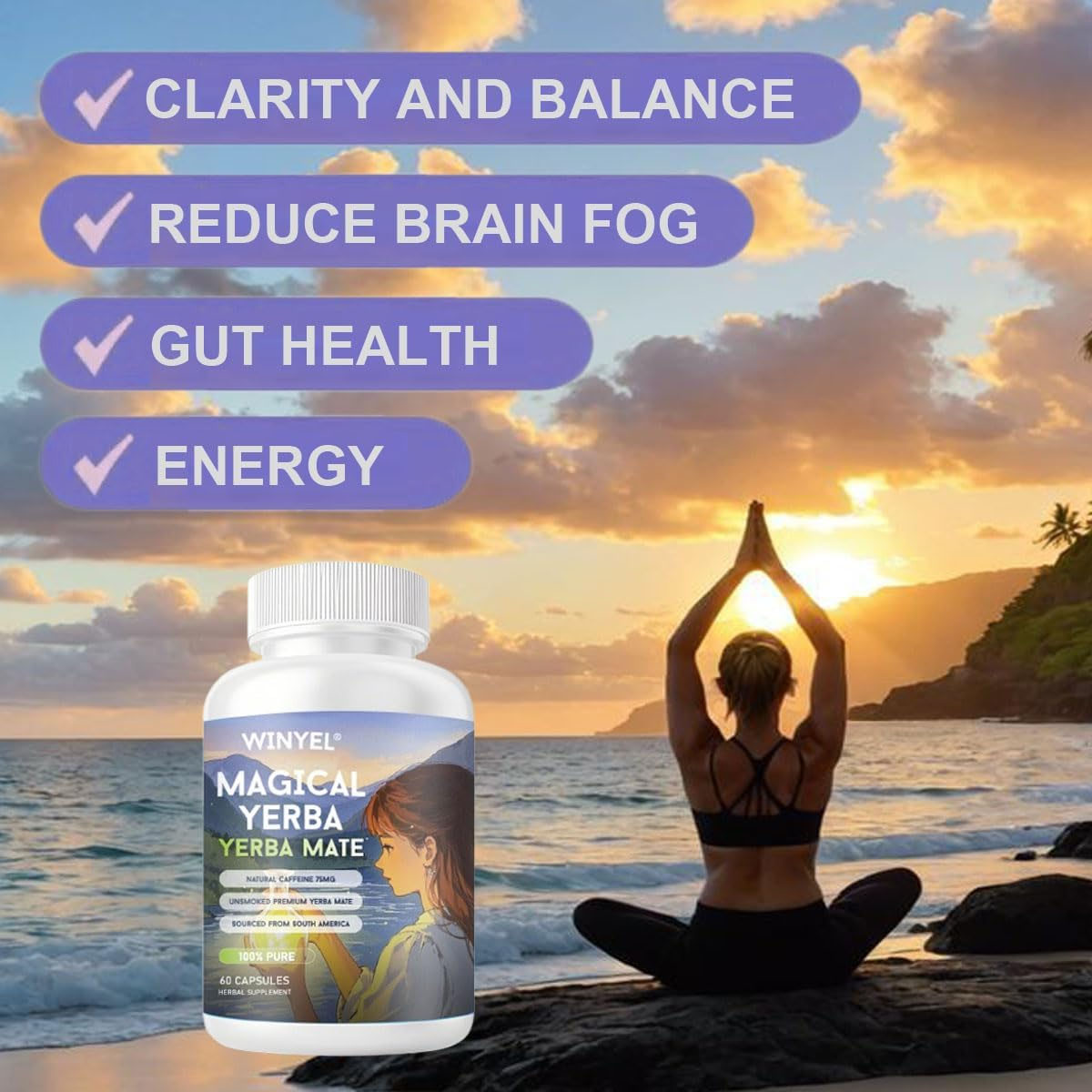 WINYEL Yerba Mate Capsules  75mg Natural Caffeine Per Capsule  Natural Plant-Based Energy &amp; Focus Support  Supports Mental Clarity &amp; Digestive Wellness Gut Health  60 Capsules