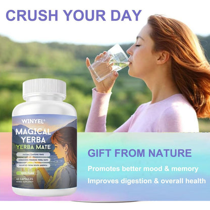 WINYEL Yerba Mate Capsules  75mg Natural Caffeine Per Capsule  Natural Plant-Based Energy &amp; Focus Support  Supports Mental Clarity &amp; Digestive Wellness Gut Health  60 Capsules