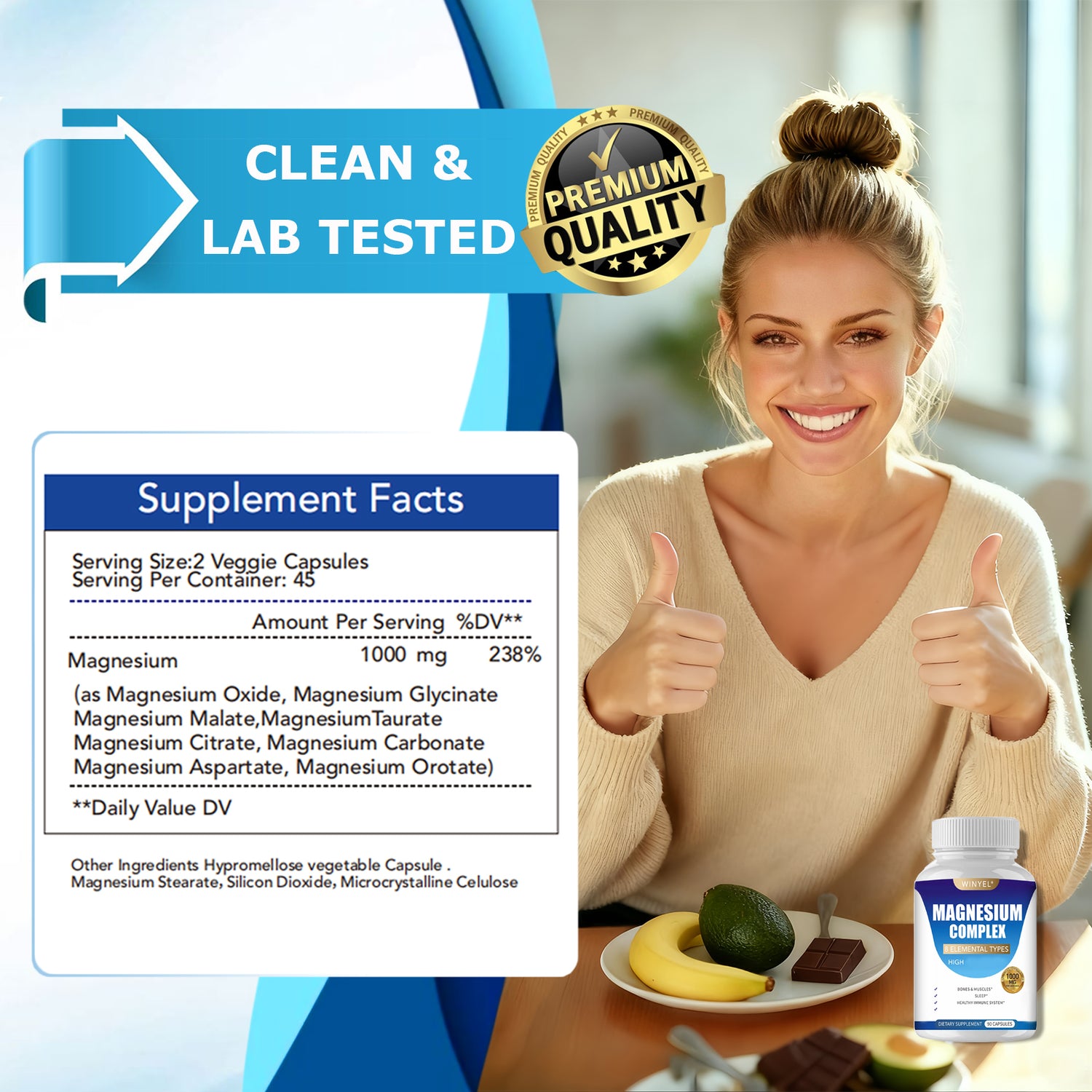 MAGNESIUM COMPLEX Wellness Capsules With Malate &amp; Glycinate And 8 ELEMENTAL MAGNESIUM, Supports Health 90 Capsules, Dietary Supplement.