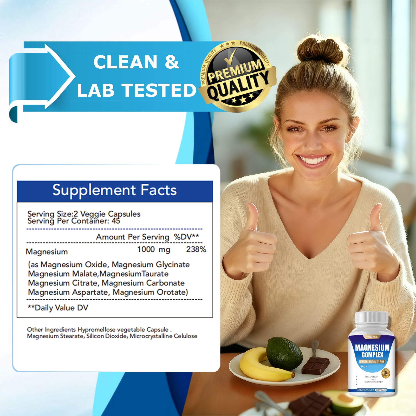 MAGNESIUM COMPLEX Wellness Capsules With Malate &amp; Glycinate And 8 ELEMENTAL MAGNESIUM, Supports Health 90 Capsules, Dietary Supplement.