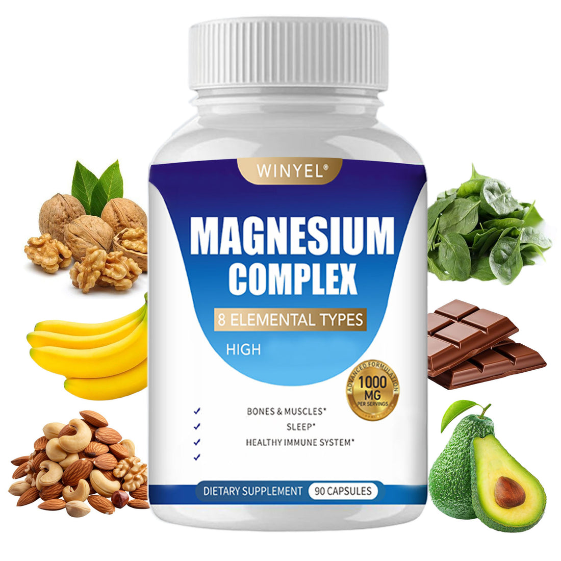 MAGNESIUM COMPLEX Wellness Capsules With Malate &amp; Glycinate And 8 ELEMENTAL MAGNESIUM, Supports Health 90 Capsules, Dietary Supplement.