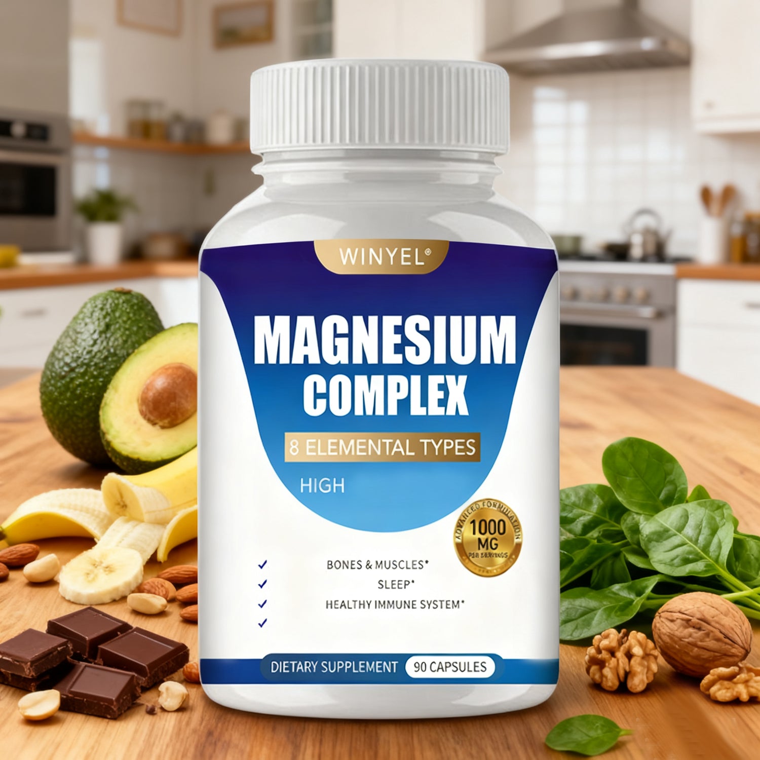 MAGNESIUM COMPLEX Wellness Capsules With Malate &amp; Glycinate And 8 ELEMENTAL MAGNESIUM, Supports Health 90 Capsules, Dietary Supplement.