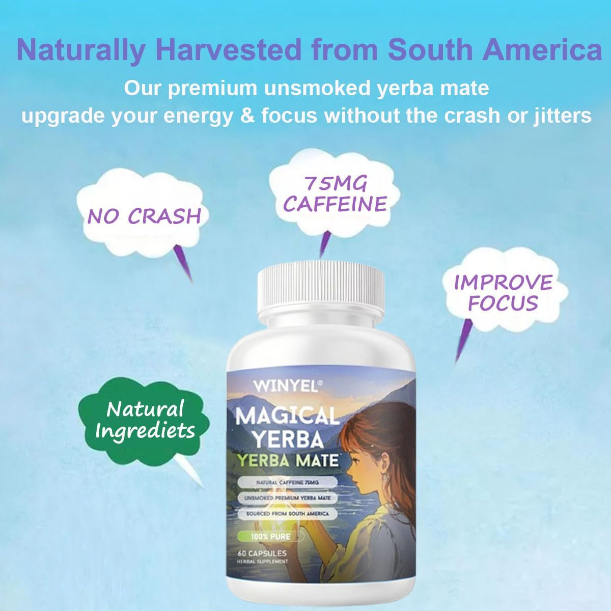 WINYEL Yerba Mate Capsules  75mg Natural Caffeine Per Capsule  Natural Plant-Based Energy &amp; Focus Support  Supports Mental Clarity &amp; Digestive Wellness Gut Health  60 Capsules